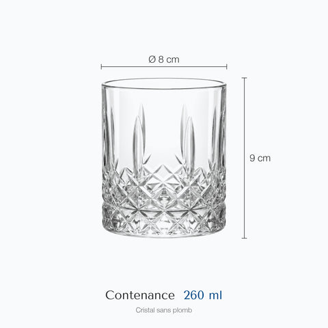 Dimensions : Verre à Whisky Strié (hauteur 9 cm, diamètre 8 cm, contenance 260 ml)