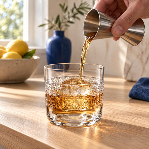 Main versant un liquide ambré au doseur dans le verre à whisky Constellation sur un gros glaçon, îlot en chêne clair
