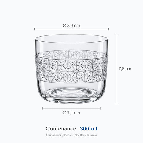 Verre à whisky Constellation coté sur fond clair, hauteur 7,6 cm, contenance 30 cl, diamètres du haut et de la base indiqués, bandeau d'étoiles