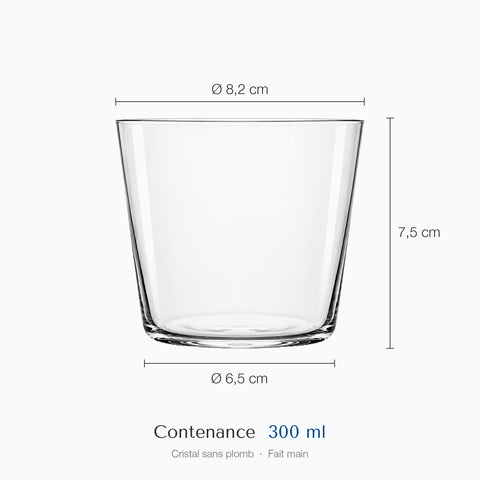 Cotes du verre à whisky Plume : hauteur 7,5 cm, diamètre du haut 8,2 cm, de la base 6,5 cm, contenance 30 cl
