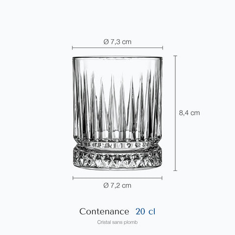 Dimensions : Verre à Whisky Américain (hauteur 8,4 cm, diamètre 7,3 cm, contenance 20 cl)