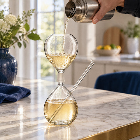 Main versant un cocktail ambré pâle au shaker dans le verre avec paille intégrée Fumerolle, îlot de cuisine en marbre blanc