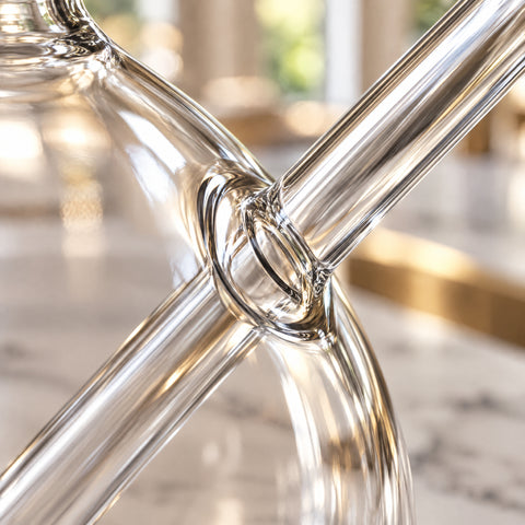Gros plan sur le tube de verre traversant la paroi du bulbe inférieur du verre Fumerolle, fond flou clair aux reflets dorés