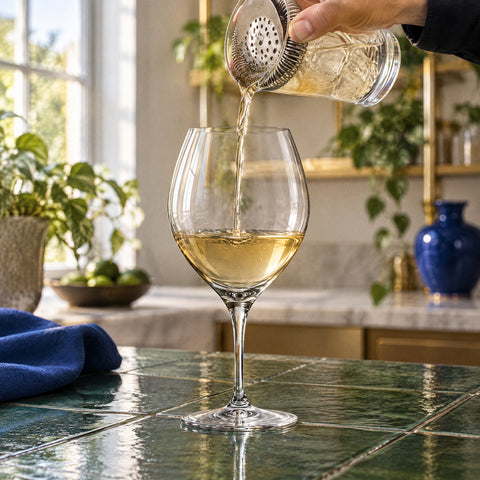 Main versant un cocktail ambré pâle à travers une passoire julep dans le verre ballon à gin Bourgeon, comptoir carrelé vert
