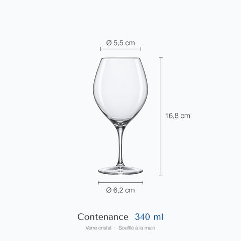 Dimensions du verre ballon à gin Bourgeon : hauteur 16,8 cm, diamètre haut 5,5 cm, base 6,2 cm, contenance 34 cl
