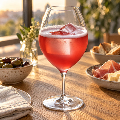 Cocktail rose-rouge, glaçons et fruits macérés dans le verre ballon à gin Bourgeon, table en chêne dressée pour l'apéritif