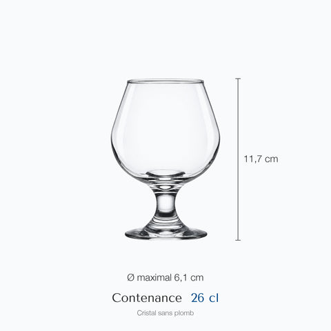 Dimensions : Verre Ballon Cognac (hauteur 11,7 cm, diamètre 6,1 cm, contenance 26 cl)