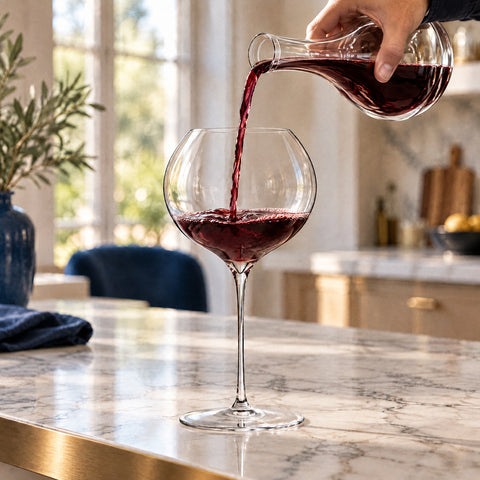 Main versant d'une carafe en cristal un filet de vin rouge rubis dans le verre à vin Madrigal, posé sur le comptoir