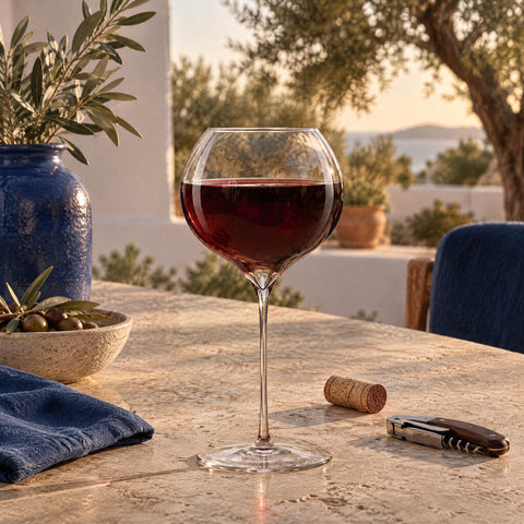 Verre à vin Madrigal rempli de vin rouge rubis jusqu'au plus large du calice, bouchon couché et limonadier replié au pied