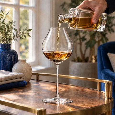 Main de barman versant un whisky ambré d'une carafe en cristal dans le verre ballon digestif Alcôve posé sur le comptoir