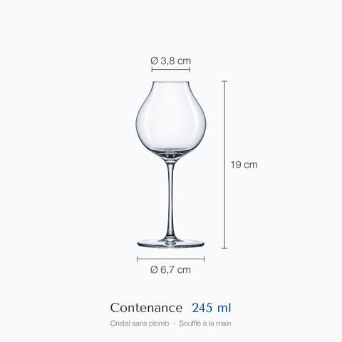 Verre ballon digestif Alcôve coté : hauteur 19 cm, diamètre du haut 3,8 cm, de la base 6,7 cm, contenance 24,5 cl