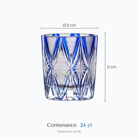 Dimensions : Verre Bleu Losange (hauteur 9 cm, diamètre 8 cm, contenance 24 cl)