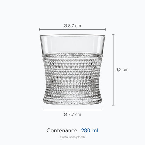 Dimensions : Verre Bullé (hauteur 9,2 cm, diamètre 8,7 cm, contenance 280 ml)