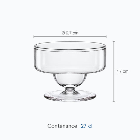 Dimensions : Verre Cocktail Plat (hauteur 7,7 cm, diamètre 9,7 cm, contenance 27 cl)