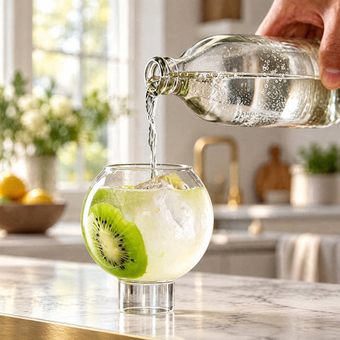 Main versant une boisson gazeuse dans le verre cocktail rond Grelot, glace pilée, tranche de kiwi, îlot en marbre blanc