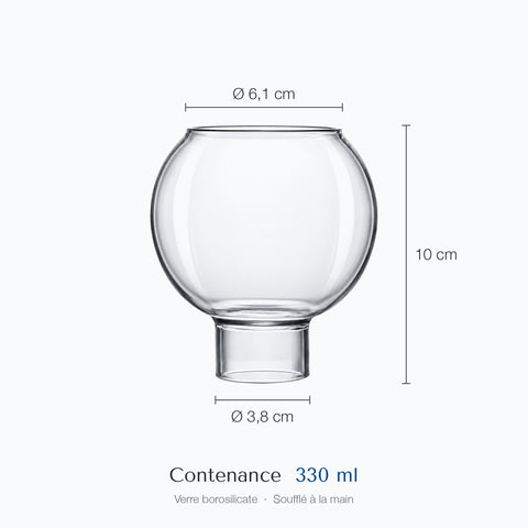 Cotes du verre cocktail rond Grelot : hauteur 10 cm, diamètre maximal du corps 6,1 cm, base 3,8 cm, contenance 33 cl