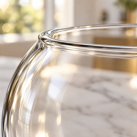 Gros plan à contre-jour sur le buvant fin du verre cocktail rond Grelot, ligne claire et courbe lisse de la boule