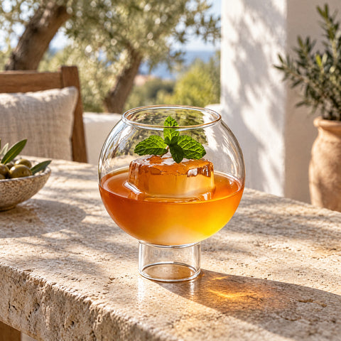 Boisson ambrée, gros glaçon et brin de menthe dans le verre cocktail rond Grelot, terrasse, table en pierre et oliviers