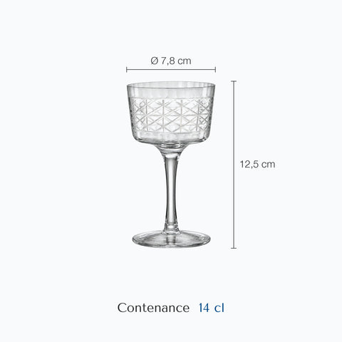Dimensions : Verre à Cocktail Vintage (hauteur 12,5 cm, diamètre 7,8 cm, contenance 14 cl)
