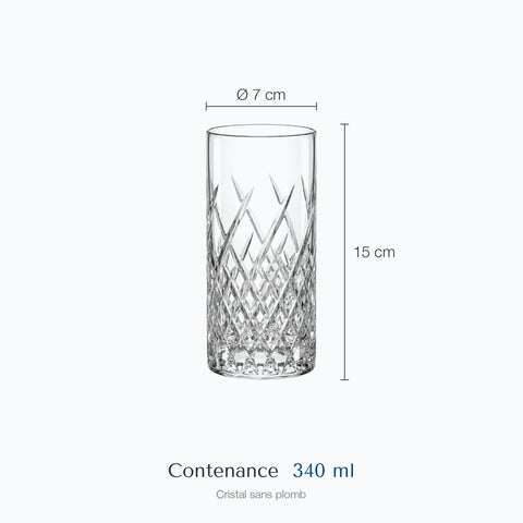 Dimensions : Verre Cocktail Whisky Haut (hauteur 15 cm, diamètre 7 cm, contenance 340 ml)
