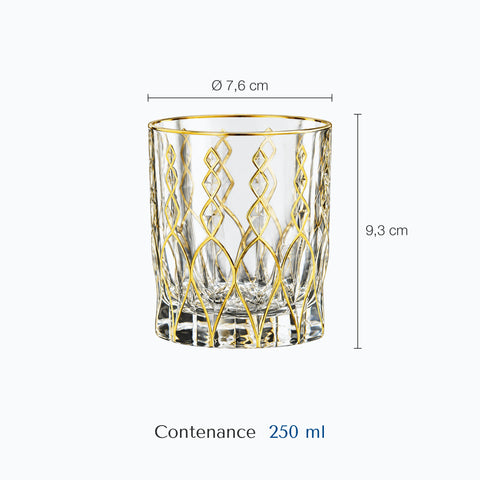 Dimensions : Verre Contour Doré (hauteur 9,3 cm, diamètre 7,6 cm, contenance 250 ml)