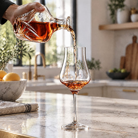 Carafe en cristal versant un filet ambré dans le verre de dégustation Chapiteau, îlot en marbre blanc bordé de laiton