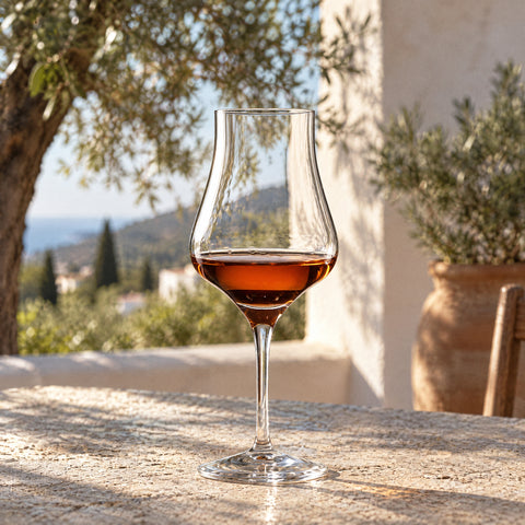 Verre de dégustation Chapiteau rempli au tiers de whisky sur une table en pierre en terrasse, oliviers et murs blancs