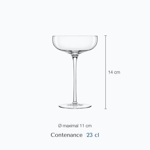 Dimensions : Verre à Champagne Coupe (hauteur 14 cm, diamètre 11 cm, contenance 23 cl)