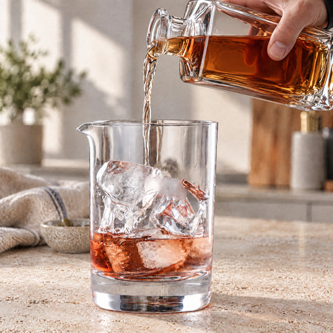 Carafe en cristal versant un spiritueux ambré dans le verre de mixologie Remous garni de deux gros glaçons