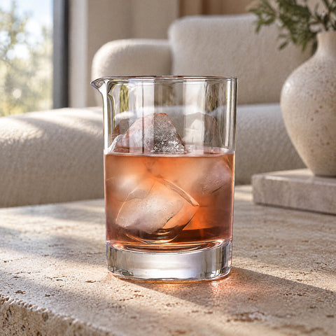 Verre de mixologie Remous rempli d'un cocktail ambré avec deux glaçons, table basse en travertin et canapé bouclette crème