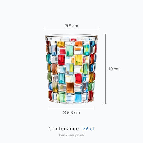 Dimensions : Verre de Table Colorés (hauteur 10 cm, diamètre 8 cm, contenance 27 cl)
