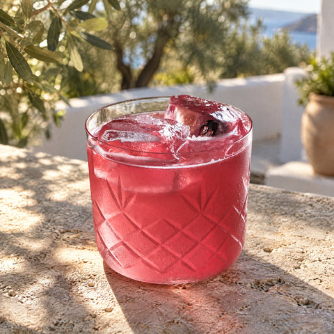Verre à whisky Chevron embué rempli d'un cocktail rose sur un bloc de glace, terrasse aux oliviers et murs blancs en fond