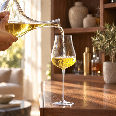 Main versant un vin jaune pâle d'une carafe en cristal dans le verre en forme de tulipe Peuplier, sur une table en bois