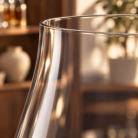 Gros plan sur le buvant et le haut du calice du verre en forme de tulipe Peuplier, étagère en bois et vase flous derrière