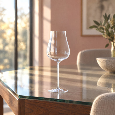 Verre en forme de tulipe Peuplier vide sur une table en bois, mur rose poudré et hautes fenêtres en fond flou