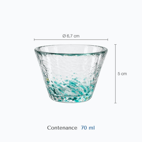Dimensions : Verre Japonais Givré Turquoise · Nami (hauteur 5 cm, diamètre 6,7 cm, contenance 70 ml)