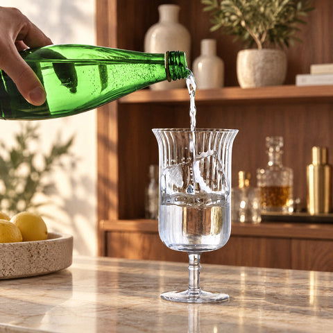 Eau gazeuse versée à la main d'une bouteille verte dans le verre long drink à pied Arpeggio sur glaçons, meuble bar en noyer