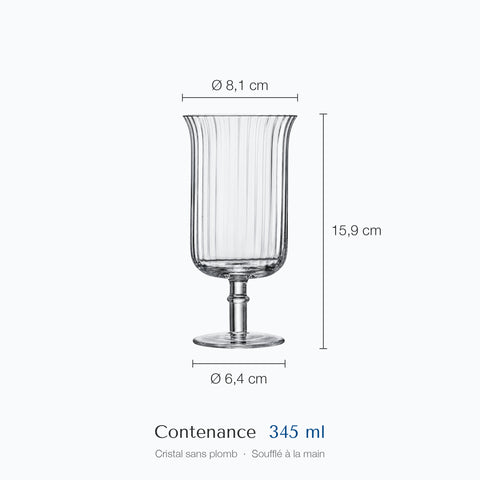 Cotes du verre long drink à pied Arpeggio : hauteur 15,9 cm, diamètre 8,1 cm en haut, 6,4 cm à la base, contenance 34,5 cl