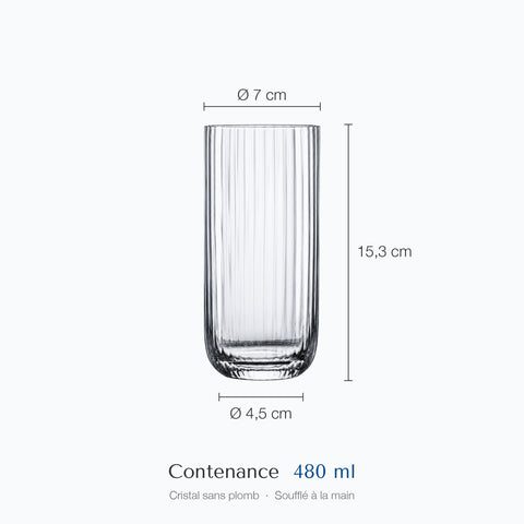 Cotes du verre long drink cannelé Arpeggio : hauteur 15,3 cm, diamètre 7 cm en haut, 4,5 cm à la base, contenance 48 cl