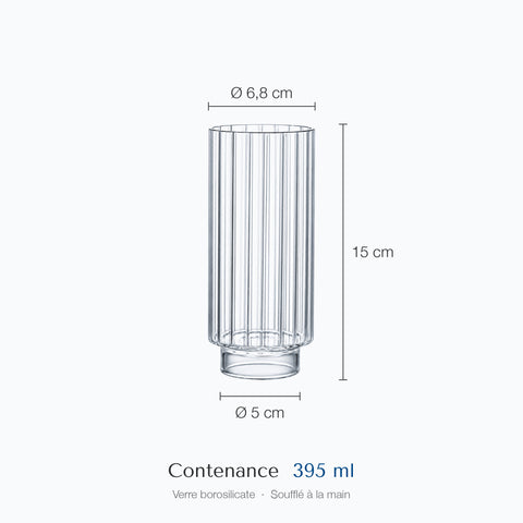 Cotes du verre long drink Prêle : hauteur 15 cm, diamètre du haut 6,8 cm, de la base 5 cm, contenance 39,5 cl