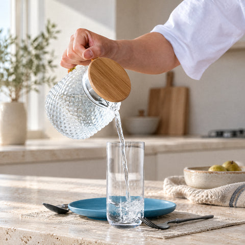 Eau versée d'une carafe à couvercle en bambou dans le verre long drink Lest près d'une assiette turquoise, cuisine épurée