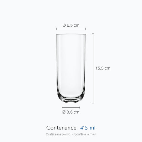 Cotes du verre long drink Lest : hauteur 15,3 cm, diamètre 6,5 cm en haut, 3,3 cm à la base, contenance 41,5 cl