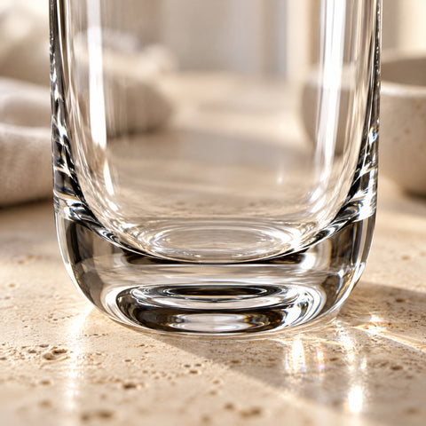Gros plan sur le bas du verre long drink Lest posé sur une pierre claire, fond arrondi et culot massif, linge beige flou.