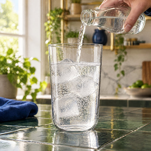 Main versant du tonic sur les glaçons et le gin du verre long drink Margelle, comptoir en carrelage vert, plantes en fond