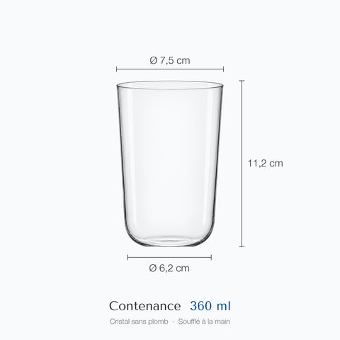 Cotes du verre long drink Margelle : hauteur 11,2 cm, diamètre haut 7,5 cm, base 6,2 cm, contenance 36 cl