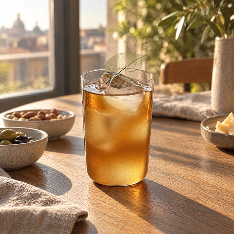 Verre long drink Margelle rempli d'un cocktail ambré, gros glaçon, feuille squelettée au buvant, table d'apéritif en chêne