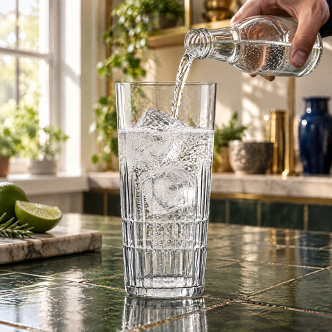 Main versant du tonic sur glaçons et gin dans le verre long drink Épi, comptoir carrelé vert et étagères en laiton