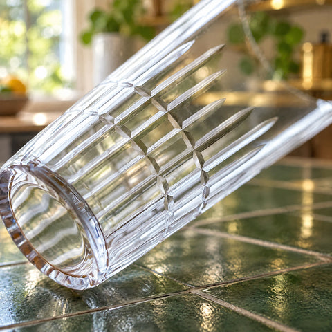 Gros plan sur la partie taillée du verre long drink Épi, pointes verticales et facettes carrées, carrelage vert flou