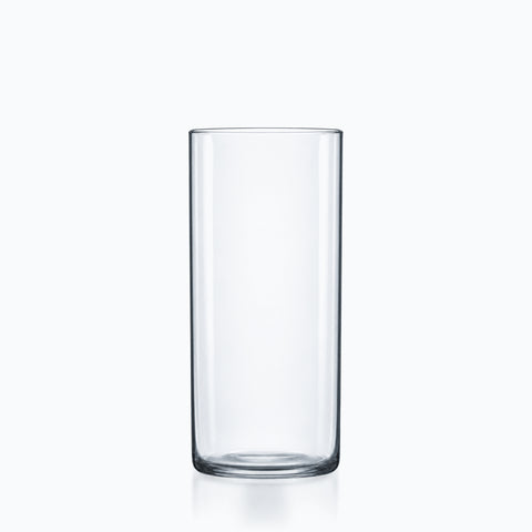 Verre long drink tube cylindrique en cristal transparent, vu de face sur fond blanc, paroi droite et fond épais