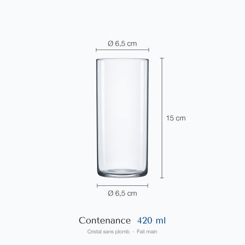Cotes du verre long drink Aplomb : hauteur 15 cm, diamètre du haut 6,5 cm, de la base 6,5 cm, contenance 42 cl